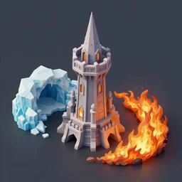 Isometric view of a wizard tower surrounded by: 1 an ice cave to the west 2 a fire cave to the east  3 a emerald mine to the north and 4 a diamond mine to the south, lineart, colored