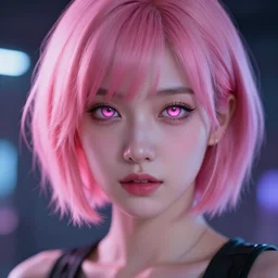 portrait of a beatiful girl with short pink hair and glowing eyes, cyberpunk, cinematic, unreal engine, 4k, realistic, wallpaper
