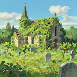 a traditional gouache painting of grapevine bushes, grapevine covered church reclaimed by nature, in the middle of old cemetery destroyed after hurricane, panorama, a matte painting by makoto shinkai, pixar cartoon, deviantart, matte drawing, concept art, matte painting