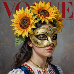 masquerade ball mask, anima jewish, polish, and latina, vogue magazine, elle magazine, greg rutkowski, john singer sargent, trending on artstation, anime, oil painting, 3 / 4 pose, sunflower tiara, looking right, intricate
