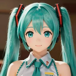 hatsune miku by harumi hironaka, accurate anatomy, cute, pretty face, colorful, detailed face, centered close - up