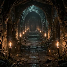 Scary endless medieval catacombs with torches. Mystical nightmare concept, trending on artstation, 30mm, by Noah Bradley