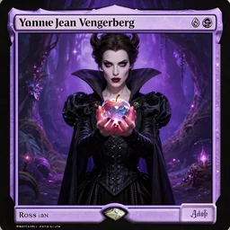 in the style of magic the gathering, james jean, ross tran, craig mullins. yennefer vengerberg, evil queen holding up a crystal apple with both hands, wearing a black dress with big collar, a violet magical jungle in the background. psycheledic magical atmosphere
