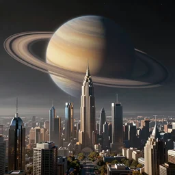 An otherworldly futuristic cityscape with the planet Saturn looming large in the background, ultra realistic
