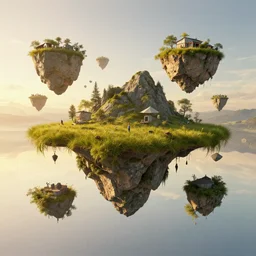 symmetry!! freefall, human dwelling, surreal landscape, grassland, floating island, golden hour, very detailed, perfect composition, perfect lighting, 4 k, trending on artstation, greg rutkowski, derek zabrocki, artgerm, 3 d render, octane render