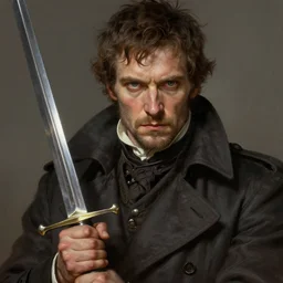 portrait of a rugged man wearing a trenchcoat, holding a sword, victorian, concept art, detailed face, fantasy, close up face, highly detailed, cinematic lighting, digital art painting by greg rutkowski