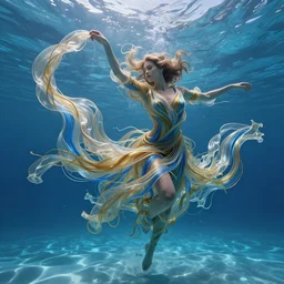 a woman has a body made of millions of thin ribbons and threads of translucent gold and blue fabric that are twisting, swirling, unraveling, and pulling apart in the swift current is dancing in an underwater landscape, caustics lighting blue water from above, highly detailed, fantasy character, octane render