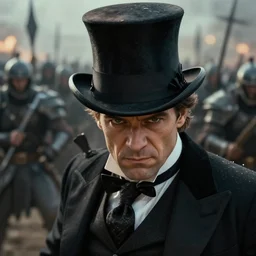 cinematic close up artwork of middle aged man with a top hat and a fine suit fighting in battle against an army of warriors by greg rutowski, 4 k, fantasy, masterpiece
