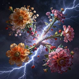 An epic fantastic realism comic book style painting of the most beautiful entwined flowers launched across the dark cosmic sky, floating bouquets, fisheye, lightning creating life, unreal 5, DAZ, hyperrealistic, octane render, dynamic lighting