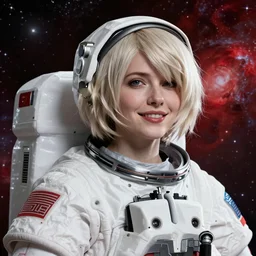highly detailed portrait of a hopeful pretty astronaut lady with a wavy blonde hair, by Brandon Woelfel, 4k resolution, nier:automata inspired, bravely default inspired, vibrant but dreary but upflifting red, black and white color scheme!!! ((Space nebula background))