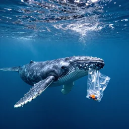 a photo of whale underwater eating small plastic bag
