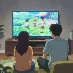 a couple watching anime on the tv
