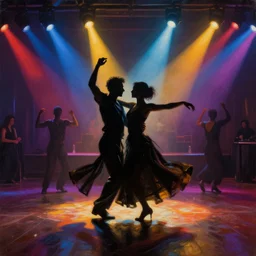 dark dancing silhuettes in a dance club, colorful lights, dramatic lighting, a lot of energy, oil painting