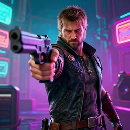 todd howard pointing a gun towards the camera and forcing you to buy skyrim, threatening, sharp, cinematic, colorful, digital, neon, bright