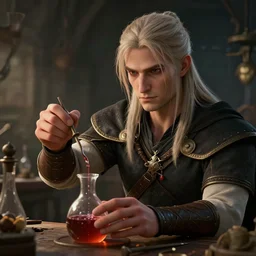 geralt of rivia teaching ciri how to make potions in an alchemy lab, stunning 3 d render, perfect facial symmetry, flesh texture, realistic, highly detailed attributes and atmosphere, dim volumetric cinematic lighting, 8 k octane detailed render, post - processing, masterpiece, rtx on, rendering on unreal engine