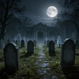 ancient graveyard, gravestones, crypts, ghostly figures, high - resolution render by stephan martiniere, hdr, super - resolution, perspective, full moon, real - time ray tracing, global illumination