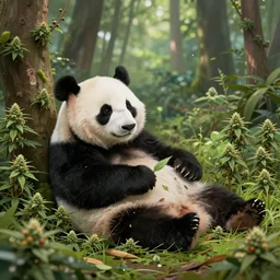 beautiful aesthetic digital illustration of a relaxed panda surrounded by an endless forest of weed wlop and Julia Razumova, realistic, photorealistic, hyperrealistic, unreal engine, octane, deviantArt, trending on artstation, artstation HQ