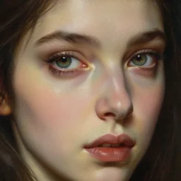 high quality extremely detailed closeup portrait of a young gorgeous female warlock looking away from the camera, detailed eyes, no sparkle in eyes, no hands visible, fantasy, d & d, intricate, painting by lucian freud and mark brooks, hd