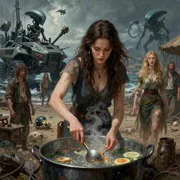 she makes the deep boil. dark fantasy about casually - dressed women with male humans in dirty seaside town, a globster, and beautiful song. action - packed hunting!!! hybridizing!! alien - robot invasion science - fiction blockbuster. operating alien military vehicles and weapons. art by chris mars.