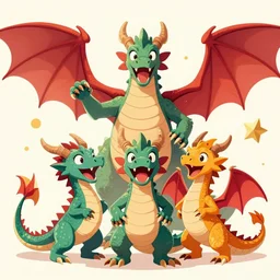 a group of dragons celebrating, stylized