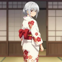 beautiful girl, silver hair, white kimono with complex red flower patterns, full body, looking to camera, showing her back partially, cute, ilustration by Takehiko Inoue ((and Krenz Cushart))