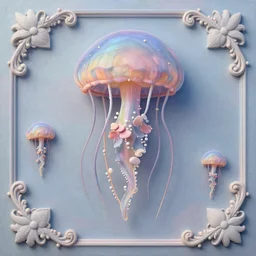 3d high relief painting of rococo costume design，jellyfish，dreamy, soft , highly detailed,  octane render, 8k