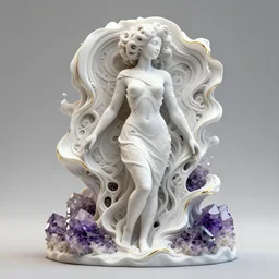 3 d pyro liquid simulation render, octane render, xparticles,, female bodies, intricate details, female body covered in white blanket, white carved abstract sculpture, amethyst mineral quartz, swirly curls, abstract white fluid, golden edges and fractals, wasili kandinski, artstation, render, cinema 4 d, art noveau fresco