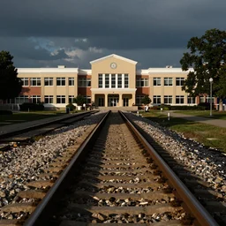 Railway tracks going into and through a high school