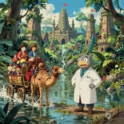 hyperrealist cartoon from howl's moving castle ( 2 0 0 4 ) of a grey scientist and a giant camel caravan in a flooded jungle monument valley, wide shot, hq depth of field.