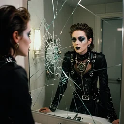 cinestill 5 0 d candid photographic portrait by stanley kubrick of a feminine man wearing black techwear and glitter goth makeup looking in a shattered glass bathroom mirror, skirt, cramped new york apartment, medium shot, retrofuturism cyberpunk cinematic, 8 k, hd, high resolution, 3 5 mm, f / 3 2, ultra realistic faces, intricate detail, clockwork orange