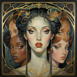 a streamline moderne, art nouveau, multi - ethnic and multi - racial portrait in the style of charlie bowater, and in the style of donato giancola, and in the style of charles dulac. expressive, very large eyes. symmetry, ultrasharp focus, dramatic lighting, photorealistic digital painting, intricate, elegant, highly detailed, centered.
