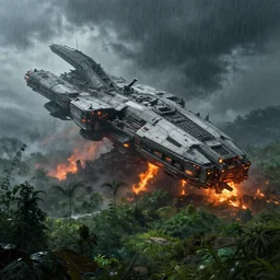 cinematic, panorama, massive sci - fi spaceship crashed overgrown vegetation, forest, dark cinematic lighting, raining fire, a fantasy digital painting, artstation, concept art, sharp focus, style of raphael lacoste