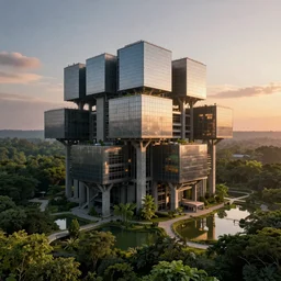a stunningly detailed building, brutalist architecture, surrounded by lush green forest, ponds of water, stunning volumetric lighting, sunset, metal, concrete, stunning skies, trending on Artstation, 8k, photorealistic, hyper detailed, unreal engine 5, IMAX quality, cinematic, epic lighting, from Quake, by Greg Rutkowski