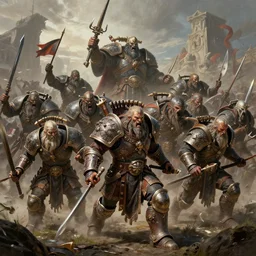warhammer, dnd, fantasy, fierce legion of warriors approaches, primitive and battle - ready norska rush in a rage, trending, artsation, epic detail, fantastic shading, high quality by artgerm