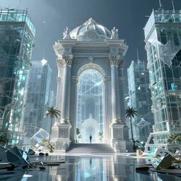 3d, dreaming of a beautiful centered classical ai in front of ruined glass buildings, intricate details, cyber universe style, volumetric light, reflections, octane render