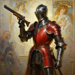 knight in red and black armor wielding a gun!!! painting, henry asencio, craig mullins, alphonse mucha, greg ruthowski