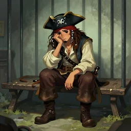 aesthetic full body digital illustration of a sad pirate hanging his head and sitting on a prison cot in the style of arcane : 1 | centered, concept art, deviantart : 0. 9