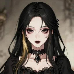 front-facing headshot of a young gothic anime woman with black hair and golden highlights, wearing pretty makeup, drawn by WLOP, by Avetetsuya Studios, anime portrait, trending on artstation