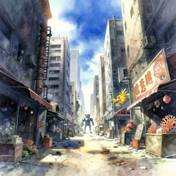 incredible anime movie scene, low angle, skyscraper, watercolor, underwater market, wide path, coral, harsh bloom lighting, rim light, abandoned city, paper texture, movie scene, caustics shadows, deserted shinjuku junk town, old pawn shop, bright sun ground, pipes, yellow dragon head festival, robot monster in background