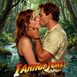 highly detailed painting of a jennifer lawrence and emma watson kissing, indiana jones vi cinema poster, next to a rainforest river, gta 5 cover art style, 8 k, radiant light, detailed and intricate environment, trending on artstation