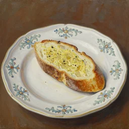 oil painting of a slice of garlic bread on an ornate italian ceramic plate