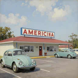 1 9 6 0 s americana motel with sign and vw beetle in the car park, oil painting by norman rockwell
