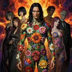 dark allah, a lot of flowers on body, by francis bacon, by ayami kojima, by amano, by karol bak, greg hildebrandt, by mark brooks, by alex grey, by zdzisław beksinski, by takato yamamoto, radiant colors, ultra detailed, high resolution, wrapped thermal background