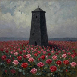 oil painting of the dark tower surrounded by a field of roses