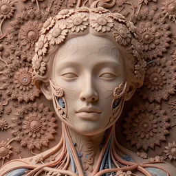 beatifull frontal face portrait of a woman, 150 mm, anatomical, flesh, flowers, mandelbrot fractal, veins, arteries, symmetric, intricate, golden ratio, full frame, microscopic, elegant, highly detailed, ornate, ornament, sculpture, elegant , luxury, beautifully lit, ray trace, octane render in the style of peter Gric , alex grey and Romero Ressendi