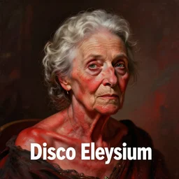 An old lady with red skin, red skin, red skinned, in the style of Disco Elysium, Disco Elysium, Disco Elysium artwork