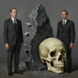 a surrealistic painting of the slate theory origin and a human skull, in the style of rene magritte and zdzislaw beksinski and mark ryden, digital art, detailed masterpiece