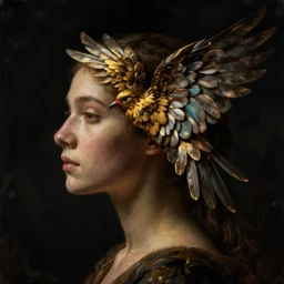 a woman's face in profile, made of bird wings, in the style of the dutch masters and gregory crewdson, dark and moody