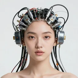very beautiful woman integrating with technology, full face frontal centered, portrait, insipiring, detailed intricate ornate cables connected to head, big open electric eyes, luxurious detailed abundent wiring and implants, diamonds, ruby, sci - fi, neon, emeralds, detailed technology background with cyber flowers and insects, highly detailed, artstation, cgsociety, 8 k rene lalique