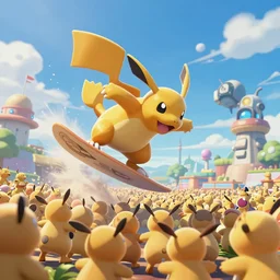 crowd surfing raichu against the machine, realistic, cinematic, perspective, digital art